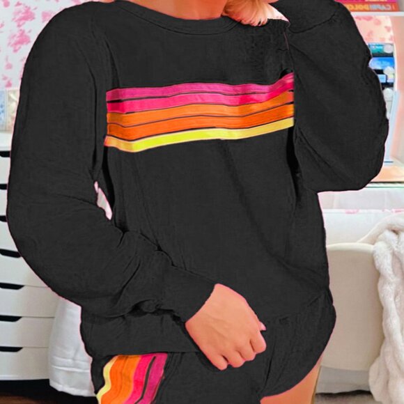 Black Striped Accent Pullover and Shorts Two Piece Casual Set - Picture 1 of 4